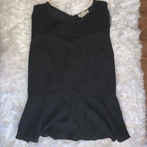 Black Long-sleeve Polkadot-Mesh Peplum Shirt